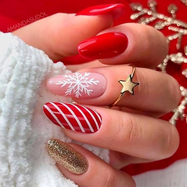 Acrylic-Almond-Christmas-Nails-Red-and-Gold-Stripes