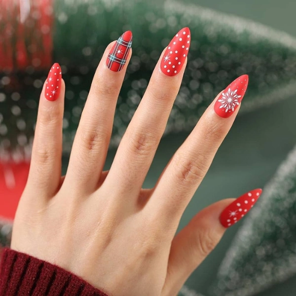 Acrylic-Almond-Christmas-Nails-Red-and-White-Polka-Dots