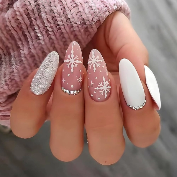 Acrylic-Almond-Christmas-Nails-Shimmering-Snow