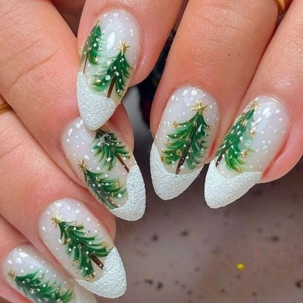 Acrylic-Almond-Christmas-Nails-Snowy-Christmas-Trees