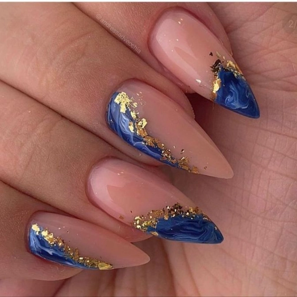 Almond-Blue-Summer-Nails-Blue-and-Gold