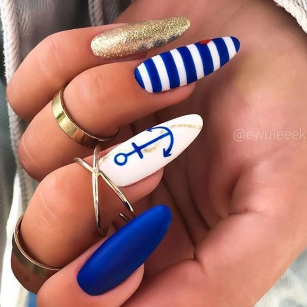 Almond-Blue-Summer-Nails-Nautical-Stripes