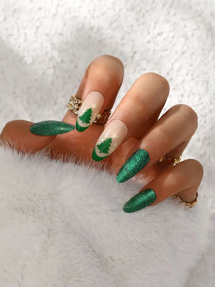 Almond-shape-Christmas-nails-Christmas-Trees