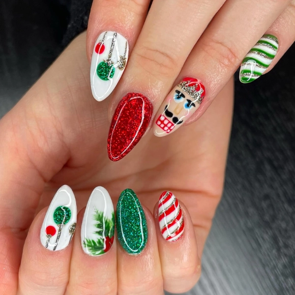 Almond-shape-Christmas-nails-Nutcracker-Art