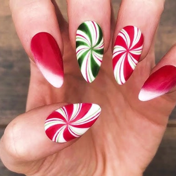 Almond-shape-Christmas-nails-Peppermint-Swirls