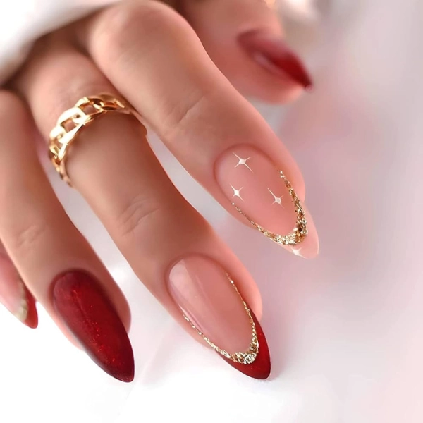 Almond-shape-Christmas-nails-Red-and-Gold-French