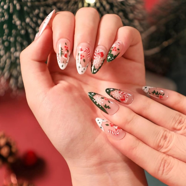 Almond-shape-Christmas-nails-Silver-Bells