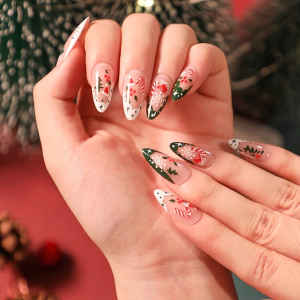 Almond-shape-Christmas-nails-Snow-Covered-Trees