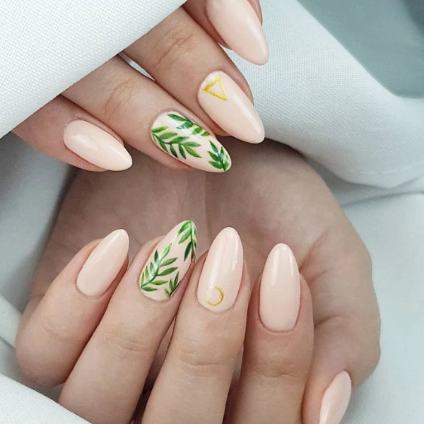 Almond-shape-summer-nails-Tropical-Leaves