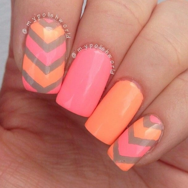 Pink-and-orange-summer-nails-Chevron