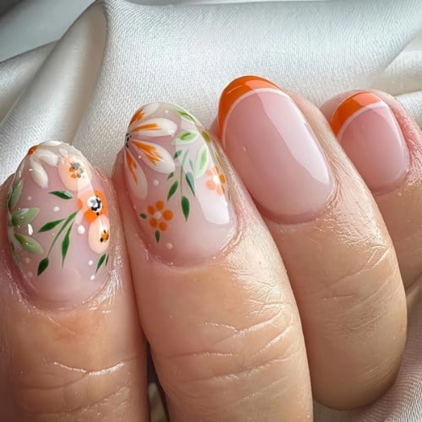 Pink-and-orange-summer-nails-Floral