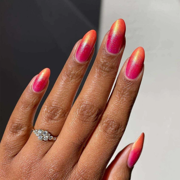 Pink-and-orange-summer-nails-Metallic-Shine