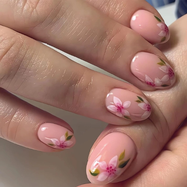 Short-pink-acrylic-nails-Floral