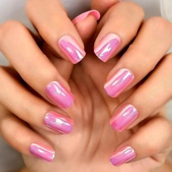 Short-pink-acrylic-nails-Holographic