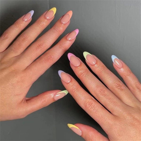 almond-short-summer-nails-Rainbow-French-Tips