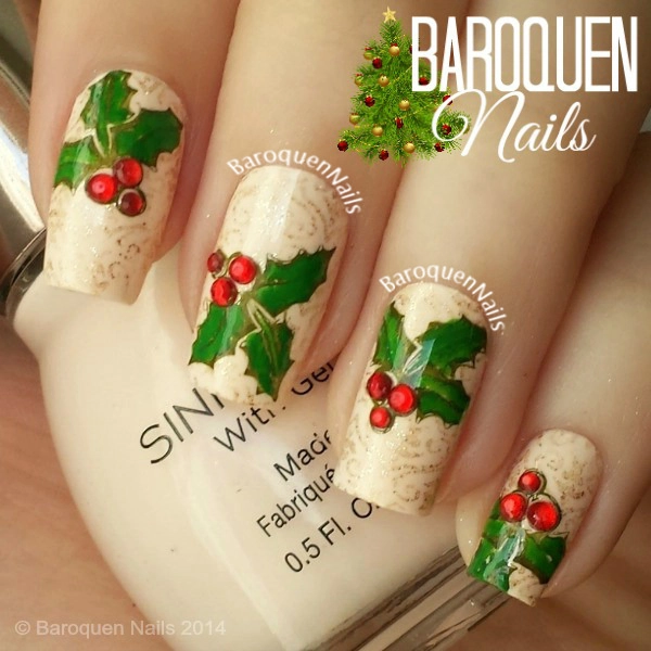 red-christmas-nails-Holly-Berry-Design