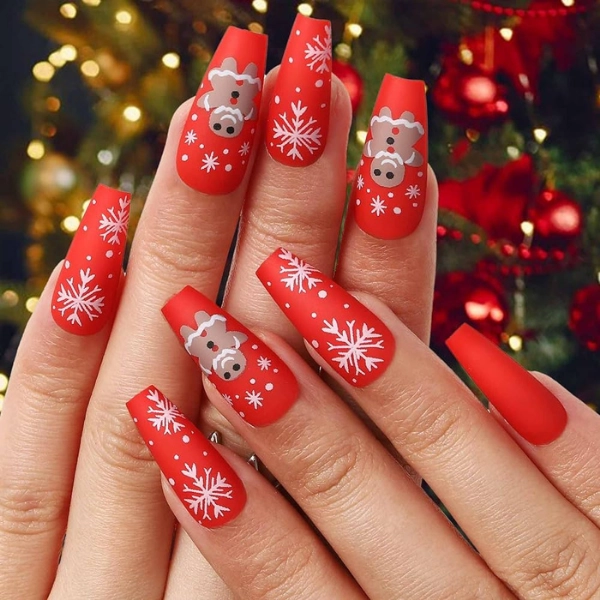 red-christmas-nails-Matte-Red-with-Snowflake