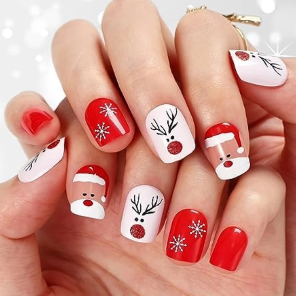 short-square-Christmas-nails-Reindeer-Silhouettes