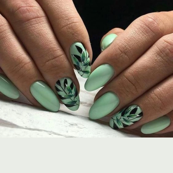 simple-summer-green-nails-Tropical-Leaf