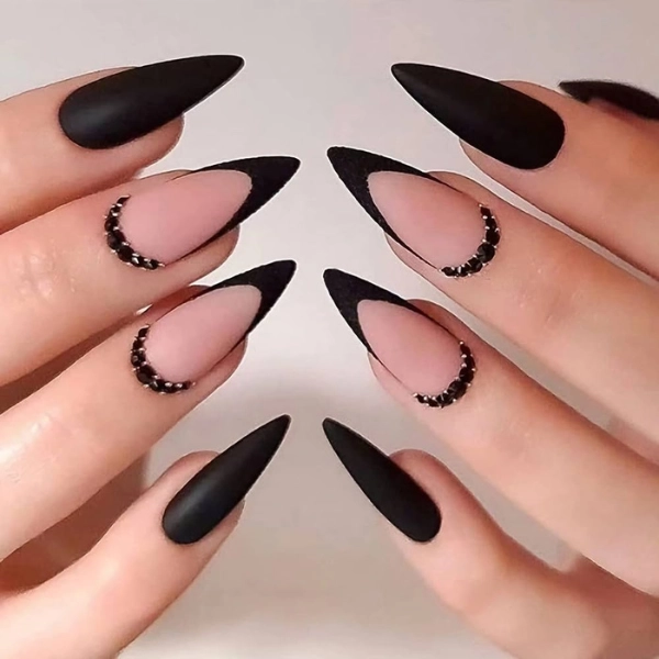 French-Tip-Nails-with-Black-Gems-Black