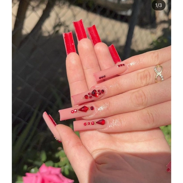 French-Tip-Nails-with-Gems-Ruby-Red