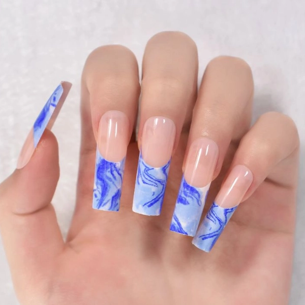 French-Tip-Square-Long-Nail-Marbling