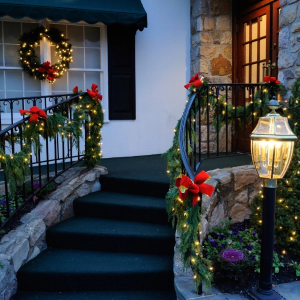 Outdoor-yard-Christmas-decor-Garland-Wrapped-Railings