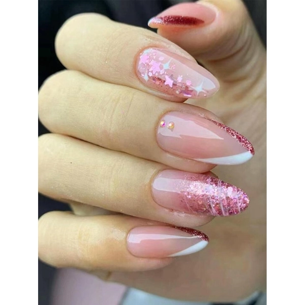 Pink-Nails-French-Tips-Glittery-Stars