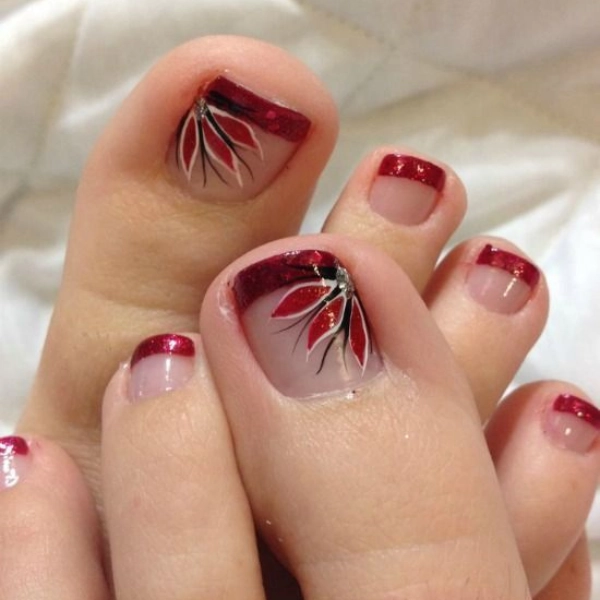 Red-French-Tip-Pedicure-Floral-Designs