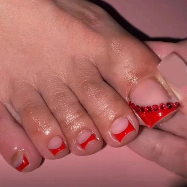 Red-French-Tip-Pedicure-Rhinestone-Accents