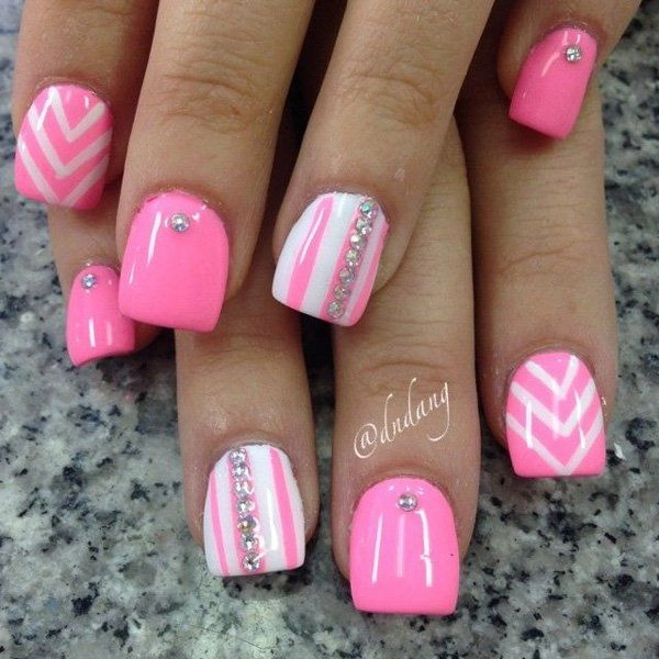 Short-Pink-Simple-Summer-Nails-White-Stripes