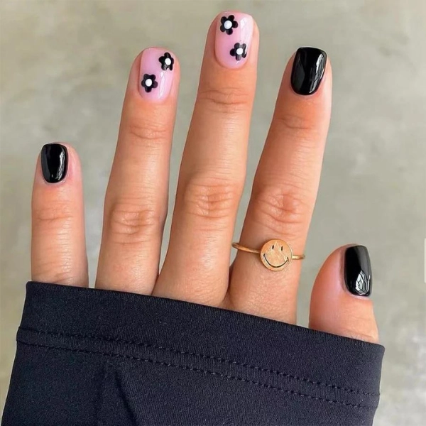 Short-Square-Pink-Nails-Black-Accents