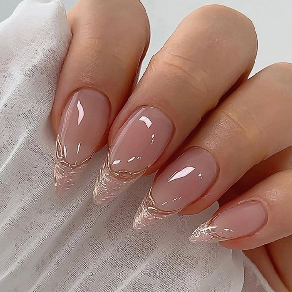 french-tip-almond-nails-Nude-and-Glitter-Tips