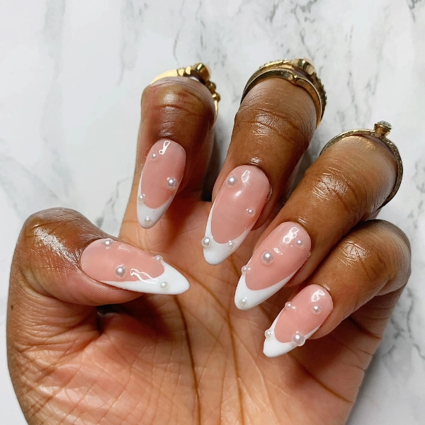 french-tip-almond-nails-Pearl-Embellished-Tips