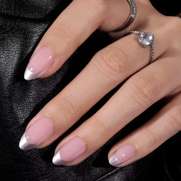 french-tip-almond-nails-Silver-Chrome-Tips