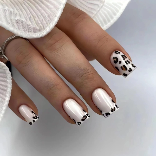 french-tip-nails-short-square-Animal-Print-Tips