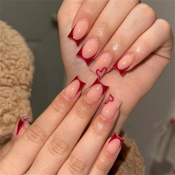 french-tip-nails-short-square-Heart-Tips