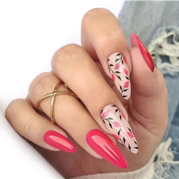 pink-nails-almond-Floral