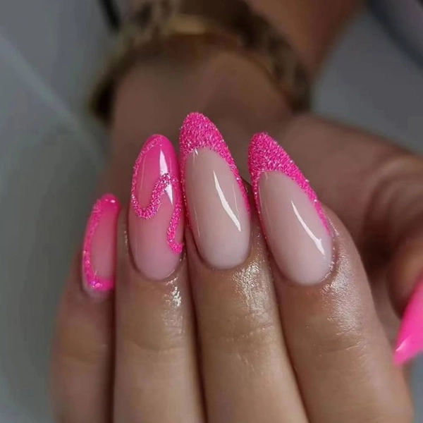 pink-nails-almond-Glitter-Tips