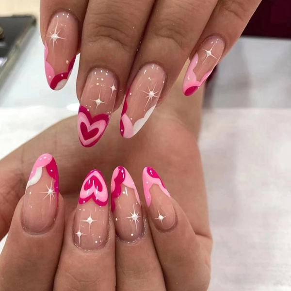 pink-nails-almond-Hearts