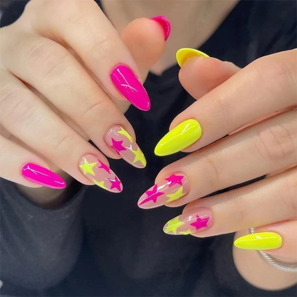 pink-nails-almond-Neon-Accents