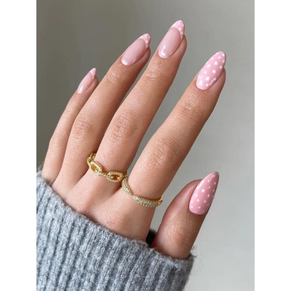 pink-nails-almond-Polka-Dots