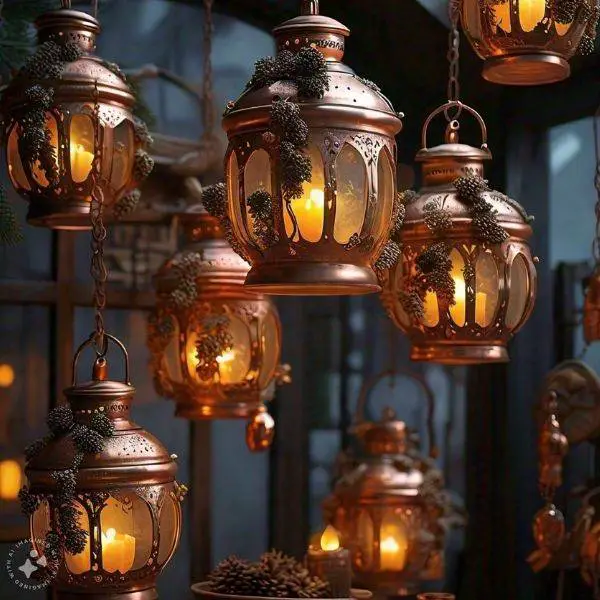 Copper Lanterns with Pinecones