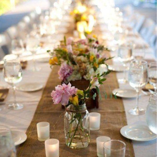  Burlap Table Runners with Mason Jar Arrangements