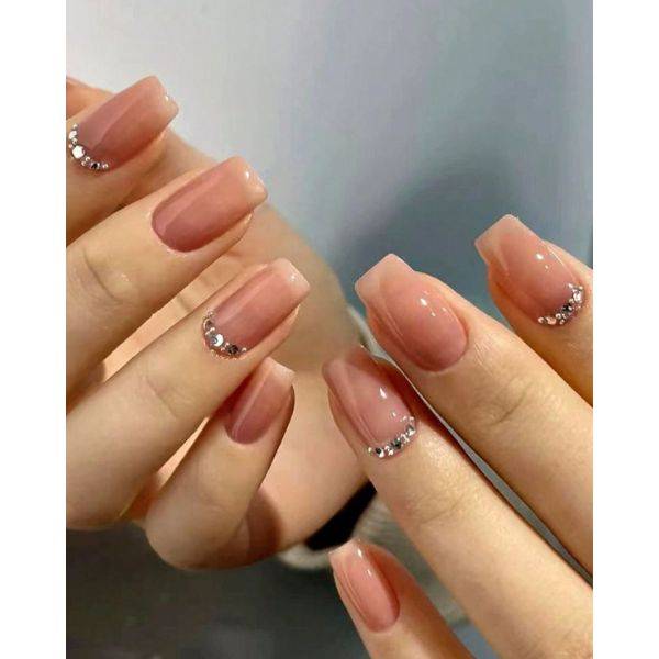 Nude Square Nails with Rhinestones