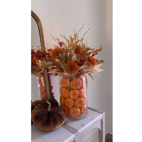  Tall Glass Vases with Mini Pumpkins