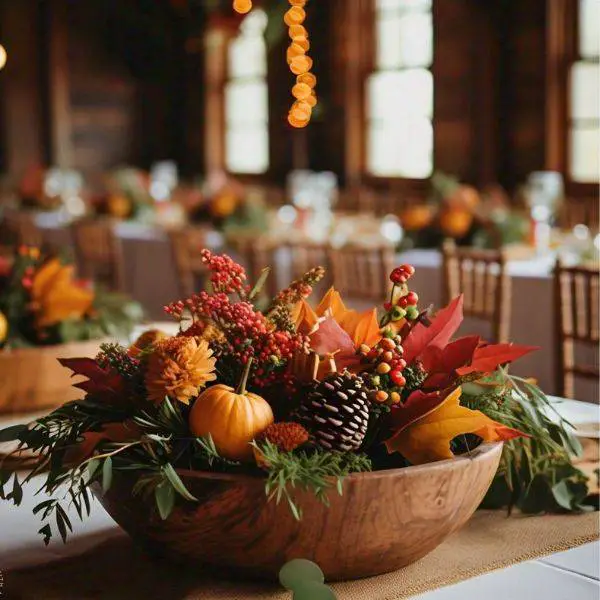 Wooden Dough Bowls with Fall Foliage