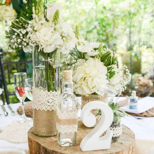 Burlap and Lace Wrapped Vases