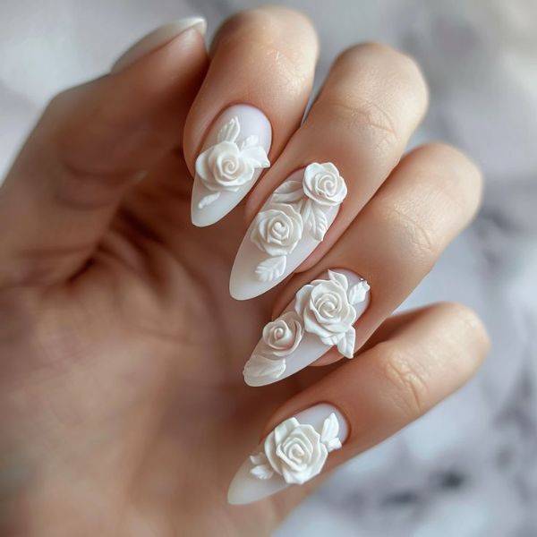 White Nails with 3D Art
