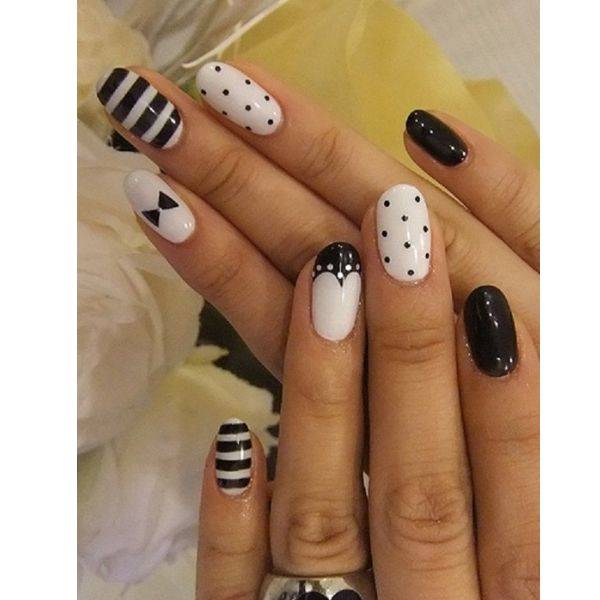 White Nails with Stripes and Dots
